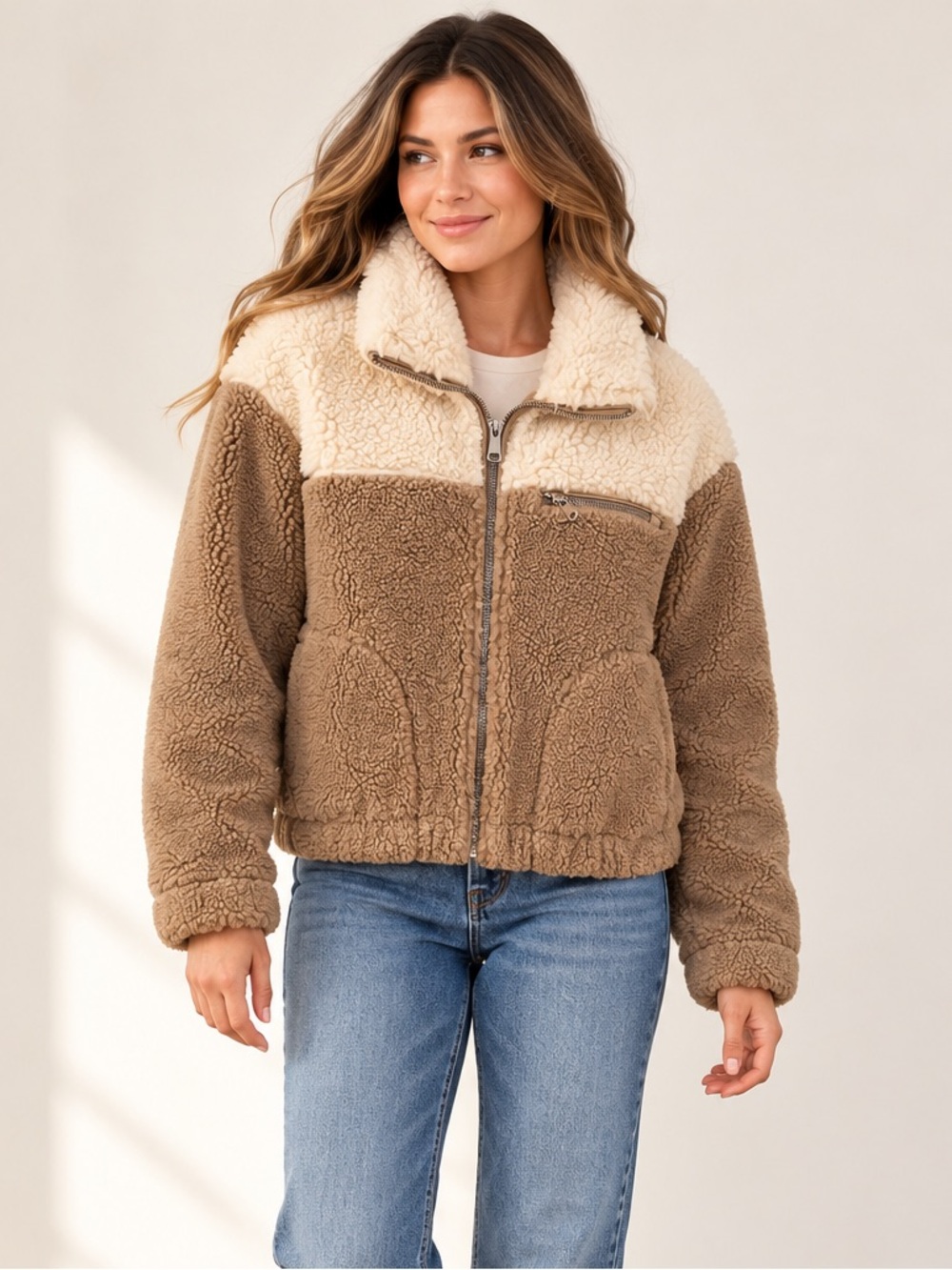 Abercrombie & Fitch Women’s Colorblock Sherpa Fleece Jacket Cream Tan XS